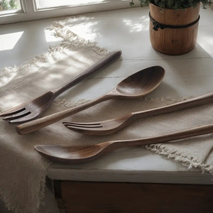 Cuillère en bois fourchette couteau ensemble de couverts ensemble d'ustensiles de dîner en bois cuisine couverts en bois vaisselle ensemble de couverts avec manche en marbre - Product Image 4