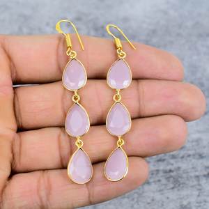 Boucles d'oreilles pendantes en argent sterling 925 plaqué or avec pierre de chalcédoine rose naturelle facettée en forme de poire sertie dans un cadre, bijoux de mode pour femmes, cadeau - Product Image 2