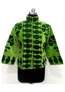 Vintage Style Green <b>Velvet</b> Suzani Boho Jacket Patterned Embroidery with Cotton Lining <b>Quilted</b> Winter Short Coat - Product Image 3
