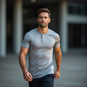 เสื้อยืดผู้ชายแขนสั้น Henley ระบายอากาศโพลีเอสเตอร์/ ผ้าฝ้ายลำลอง - Product Image 1