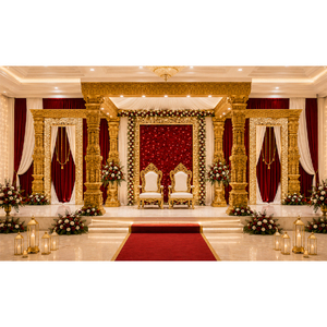 Mandap Clásico del Sur de la India para Bodas, Pilar de Ganesha, Mandap de Madera de Lujo con Tallados en Oro, Cortinas Rojas y Decoración Floral para Bodas - Product Image 1