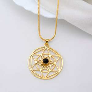 Brass Gold Plated Sacred Geometry Pendant With Black <b>Onyx</b> Healing Stone <b>Necklace</b> Boho Spiritual Jewelry For Women - Product Image 2