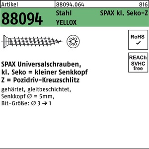 Tornillos Spax R 88094 SEKO Punta Pequeña PZ 3x10/7-Z Acero Amarillo 1000 Piezas VPE - Product Image 1