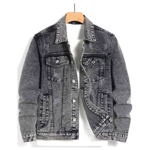 Veste en jean à manches longues pour hommes en coton foncé uni noir style rappeur gris foncé poche boutonnée déchiré coupe régulière - Product Image 1