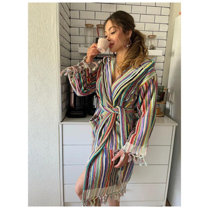 Premium Quality 100% Cotton <b>Striped</b> Bathrobe Handloomed 100x180cm 1500g Absorbent Turkish Style for Summer-Made in Turkey - Product Image 3