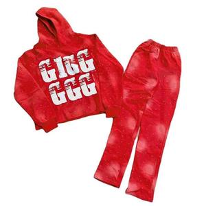 Conjunto de sudadera con capucha y pantalones de chándal Acampanados para hombre lavado con ácido recortado con strass estampado cuadrado desgastado personalizado - Product Image 3