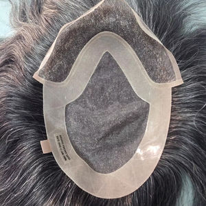 Taz Hair BD Fusion Perruque toupet en cheveux humains Remy à trame nouée à la main, base en dentelle frontale, couleur mixte 1B, patchs capillaires gris, prothèse capillaire - Product Image 1