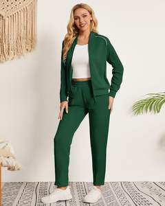 Survêtement de jogging zippé à manches longues pour femmes survêtement en toile deux pièces avec décoration de boutons tenues de pantalons longs - Product Image 4