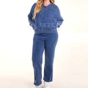 2025 New Arrival Winter Women Acid Wash Hooded Solid 100% Cotton <b>Tracksuits</b> 2 Piece Set High Fashion Matching - Product Image 1