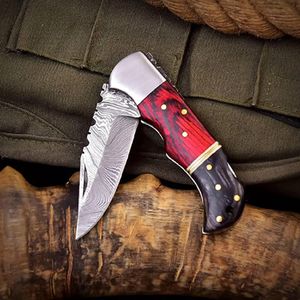 Cuchillo plegable multiherramienta personalizable de acero de Damasco DIY con botón pulsador de mango de madera OEM para supervivencia al aire libre y caza - Product Image 3