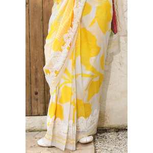 Sari de 3 piezas sin coser con encaje decorado e impresión digital, tela transpirable Denting Lawn SR-52009 - Product Image 1