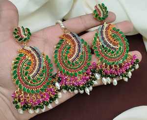 Pakistani Indian Ethnic Gold Plated <b>Stud</b> <b>Earrings</b> 3 Piece <b>Set</b> Bindi Women Handmade Jhumki <b>Earrings</b> Unique Style - Product Image 3