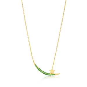 Moon and Star Design Round Cut Emerald Stone Charm Necklace Turkish Handmade Wholesale 925 Sterling Silver Jewelry - Product Image 1