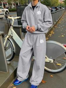 Ensemble sweat-shirt et pantalon de survêtement à jambes larges unisexe, style simple, imprimé lettres, fermeture éclair, taille plus, vente en gros - Product Image 2