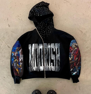 เสื้อฮู้ดดี้ OEM แบบกำหนดเอง ประดับด้วยคริสตัล 100% ผ้าฝ้าย สตรีทแวร์ ซิปเต็มตัว สไตล์วินเทจ พิมพ์ลายสกรีน ซิปแบบซิปเต็มตัว ผ้าเฟรนช์เทอร์รี่ 500gsm - Product Image 4