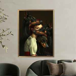 Art mural sur toile imprimé avec des motifs féminins mystérieux et des Dobermans - Décoration gothique, encadré en or - Product Image 1