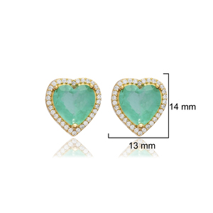 <b>Heart</b> Design Paraiba CZ Stone Handmade Silver Stud <b>Earrings</b> Handcrafted Turkish 925 Sterling Silver Jewelry - Product Image 4