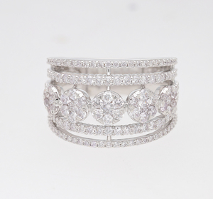 Elegant Luxury Floral Motif 14K White Gold <b>Statement</b> <b>Ring</b> Natural Diamond Cluster with Multi-Row Pave Bands - Product Image 2