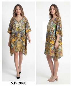 Digital Printed Feather Polysilk <b>Kaftan</b>-<b>Summer</b> Casual Women's Maxi Short Sleeve - Product Image 5