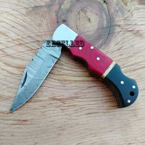 Cuchillo plegable de Damasco de 2mm de grosor hecho a mano con candado trasero, cuchillo de bolsillo multifuncional con mango de madera Pakka y Funda de cuero - Product Image 5