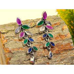 Boucles d'oreilles florales en argent sterling 925 avec pierres précieuses naturelles multiples avec cadeau d'anniversaire en diamant pour ses bijoux - Product Image 3