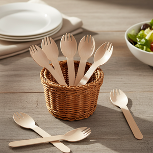 Cucharas-Tenedores Ecológicas de Madera de Abedul de 160 mm, Utensilios Desechables de Grado Alimenticio para Catering y Eventos - Product Image 5