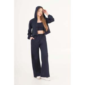 Women's Modal Blend <b>Cardigan</b>, Crop Top, and Pants Three-Piece Set - Comfortable <b>Navy</b> Blue Wholesale Outfit by LUSTRIN - Product Image 1