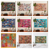 Tapisserie murale décorative vintage bohème en coton, patchwork de sari, brodée à la main avec des perles