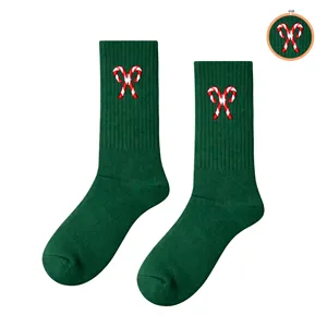 Green Nylon <b>Socks</b> with Hand Embroidered Sugarcane Pattern Breathable Soft One Size Fits All Jacquard Design for <b>Winter</b> Daily Use - Product Image 1