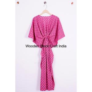 Vestido Kaftán Bohemio Indio 100% Algodón con Encaje Floral y Estampados a Cuadros, Diseño Sencillo - Ropa de Noche de Verano para Mujer, Regalo - Product Image 5