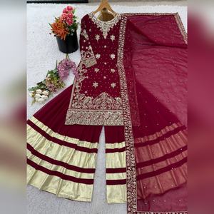 Conjunto de salwar kameez sharara de georgette multicolor de estilo moderno con detalles de bordado resham y dupatta elegante, colección 2025 - Product Image 6