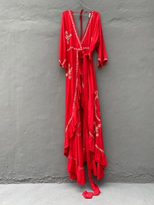 Vestido Maxi Bohemio Bordado, Lavable, sin Espalda, para Mujer, Manga Larga, Verano, Playa, Kaftán, Dobladillo Evase, Lazada con Borlas, Cintura Natural - Product Image 5