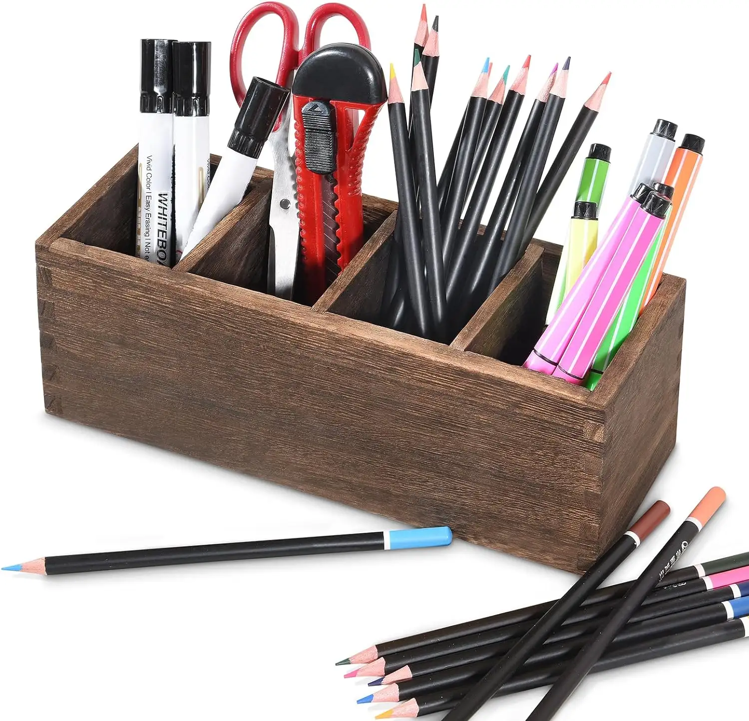 Multipurpose Wooden Pencil Holder for Desk, Wooden Pen Organizer with 4 Compartment Desk Organizer for Office Supplies Remotes