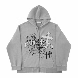 OEM Venta al por mayor Full Zip Up Hoodie Personalizado Puff Imprimir Cremallera Sudadera con capucha Oversized Unisex Winter Streetwear Hoodie para hombres y mujeres - Product Image 2