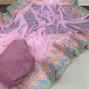 Celebre la moda de invierno con saris de trabajo bordados únicos, blusa ricamente adornada, tela Georgette de Fashionharbor - Product Image 1