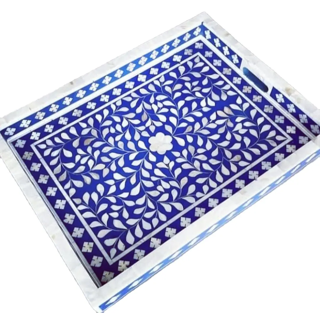 Indian Style Top Notch Quality Hot Selling Modern Design Handmade Bone Inlay Serving Tray/ Bone Inlay Platter Serving Platter