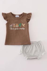 Vente chaude Mignon Marron Brodé Bloomer Ensemble pour Bébé Filles ODM Fourniture Deux Pièces Western Thème Tenue pour Enfants - Product Image 4
