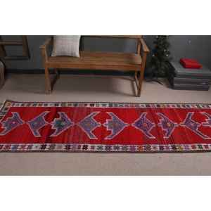 Vintage Turkish Rug, 2.6x9.2 ft <b>Runner</b> Rug, <b>Red</b> Herki Oriental Rug - Product Image 3