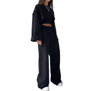 ชุดวอร์ม2ชิ้นกางเกงขากว้างและเสื้อครอปสำหรับผู้หญิงชุดวอร์มทรงหลวมแบบลำลองทันสมัย - Product Image 5