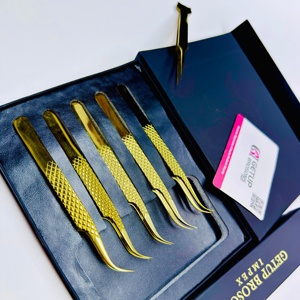 Pince à cils GETUP BROSONS IMPEX de haute qualité, courbe/droite, en acier inoxydable doré, couleurs plasma, pointe lisse, poignée diamant - Product Image 5