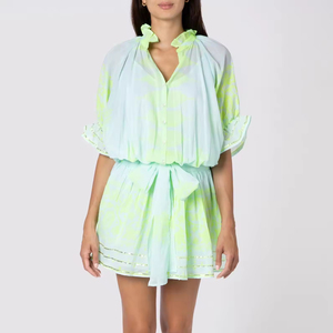 Vestido Midi 100% Algodón, Cuello en V, Estilo Bohemio, Estampado Azul Cielo Neón, Diseño Colorido, Cintura Ajustable con Lazo, Incluye Slip, Tejido Ecológico - Product Image 1