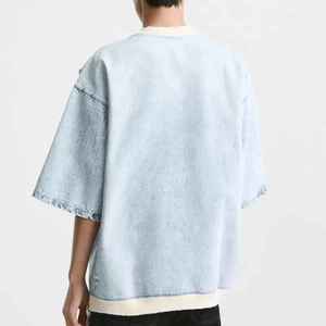 เสื้อยีนส์สีน้ำเงินวินเทจที่กำหนดเองของผู้ชายที่มีคอกลม, ซักเสร็จ, ออกแบบขนาดใหญ่และแขนสั้น - Product Image 3