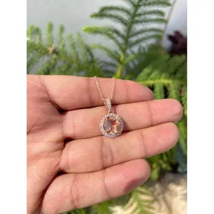 925 Silver Round Morganite Moissanite Necklace - Product Image 2