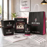 Ensemble d'emballages personnalisés AT PACK pour les boutiques de crème glacée avec des sacs en papier, des gobelets à café, des serviettes et des pailles pour les boutiques de crème glacée
