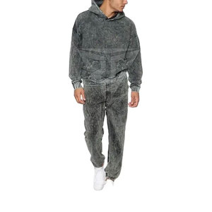 2025 Custom Logo <b>Retro</b> Style Solid Acid Wash Hoodie and Jogger Set Breathable Plus Size 100% Cotton <b>Tracksuit</b> for Men Winter - Product Image 1