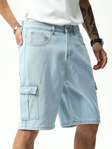 Short en jean taille haute uni à la mode pour homme bleu clair avec grandes poches style décontracté délavé foncé 100% coton - Product Image 5