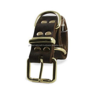 Collar para perro de cuero marrón de doble capa gruesa, hebilla chapada en oro de lujo, remaches de anillo D, accesorios para perros - Product Image 2