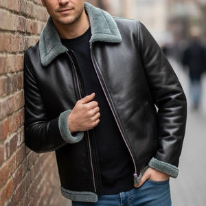 Chaqueta de Cuero Genuino para Hombre, Invierno, con Cuello de Piel, Impermeable, Forro Acolchado, Resistente al Viento, Cálida, a la Moda, con Marca Personalizada en la Parte Delantera - Product Image 2