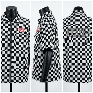 <b>Men</b> Black <b>White</b> Checkered <b>Short</b> <b>Sleeve</b> Zip Up <b>Shirt</b> Turn Down Collar Letter Print Pocket Streetwear Casual Top - Product Image 2