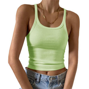 Débardeur court sans manches en coton pour femme, dos nageur, avec décoration en dentelle et détail boutonné, idéal pour la course et le yoga, vente en gros personnalisée - Product Image 3